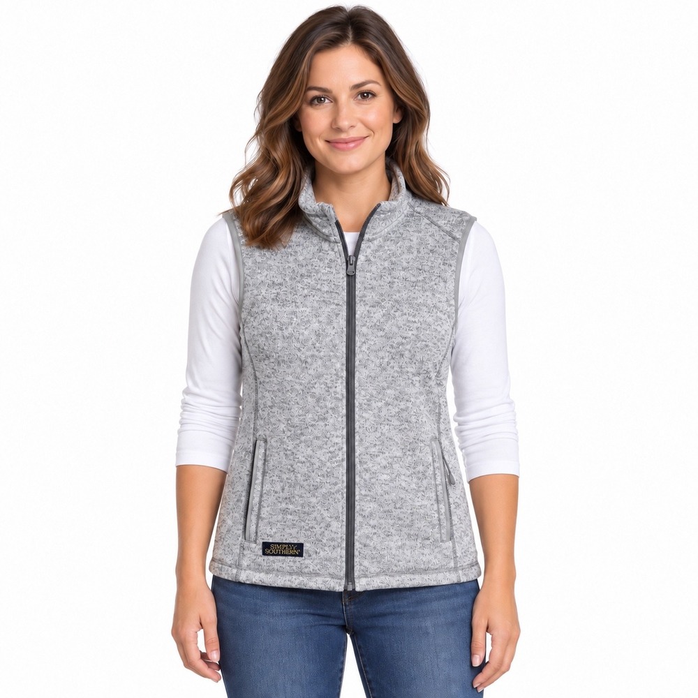Simply Southern Large Heather Grey Full Zip Sweater Vest Mock Neck Pockets